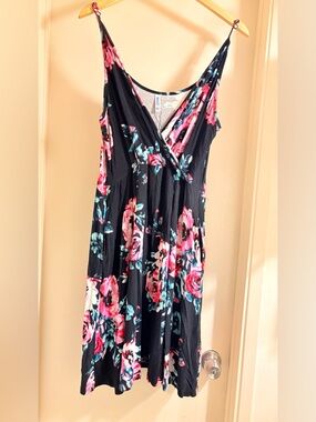 NWOT Black Floral Maxi Dress with Pink & Teal Accents